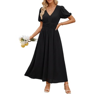 image:imageANRABESS Womens Floral Maxi Formal Dress Summer Mesh Short Sleeve V Neck Empire Waist Wedding Guest Party DressesSoild Black