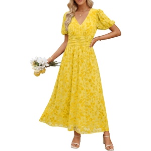 image:imageANRABESS Womens Floral Maxi Formal Dress Summer Mesh Short Sleeve V Neck Empire Waist Wedding Guest Party DressesYellow Floral