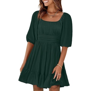 image:imageANRABESS Womens Lantern Short Sleeve Square Neck Casual Flowy Mini Dresses 2026 Holiday Summer Spring Beach Vacation ClothesDark Green
