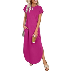 image:imageANRABESS Womens Summer Casual Long Maxi Dress with Pockets  Short Sleeve Crew NeckSoft Smooth LightweightLoose FitBeach Vacation ClothesBusiness Casual OutfitsTravel AllDay WearHot Pink