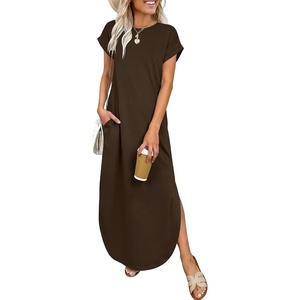 image:imageANRABESS Womens Summer Casual Long Maxi Dress with Pockets  Short Sleeve Crew NeckSoft Smooth LightweightLoose FitBeach Vacation ClothesBusiness Casual OutfitsTravel AllDay WearBrown