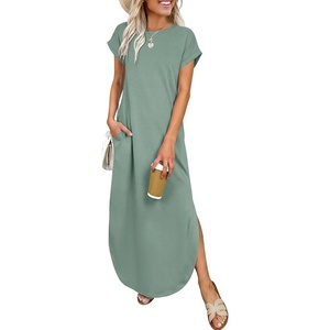 image:imageANRABESS Womens Summer Casual Long Maxi Dress with Pockets  Short Sleeve Crew NeckSoft Smooth LightweightLoose FitBeach Vacation ClothesBusiness Casual OutfitsTravel AllDay WearLight Green