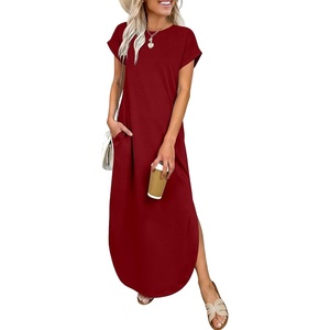 image:imageANRABESS Womens Summer Casual Long Maxi Dress with Pockets  Short Sleeve Crew NeckSoft Smooth LightweightLoose FitBeach Vacation ClothesBusiness Casual OutfitsTravel AllDay WearDark Red