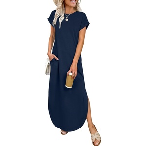 image:imageANRABESS Womens Summer Casual Long Maxi Dress with Pockets  Short Sleeve Crew NeckSoft Smooth LightweightLoose FitBeach Vacation ClothesBusiness Casual OutfitsTravel AllDay WearNavy Blue