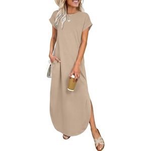 image:imageANRABESS Womens Summer Casual Long Maxi Dress with Pockets  Short Sleeve Crew NeckSoft Smooth LightweightLoose FitBeach Vacation ClothesBusiness Casual OutfitsTravel AllDay WearAlmond