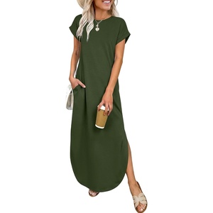 image:imageANRABESS Womens Summer Casual Long Maxi Dress with Pockets  Short Sleeve Crew NeckSoft Smooth LightweightLoose FitBeach Vacation ClothesBusiness Casual OutfitsTravel AllDay WearArmy Green