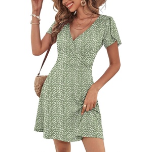 image:imageANRABESS Womens Summer Dresses Short Sleeve Wrap Deep V Neck ALine Floral Dress Causal Flowy Boho Beach Vacation SundressGreen Cheetah Print