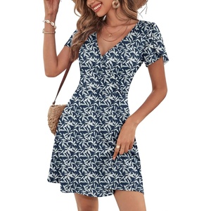 image:imageANRABESS Womens Summer Dresses Short Sleeve Wrap Deep V Neck ALine Floral Dress Causal Flowy Boho Beach Vacation SundressNavy Blue Leaf Printed