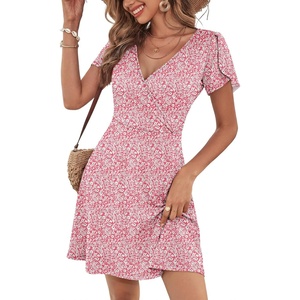 image:imageANRABESS Womens Summer Dresses Short Sleeve Wrap Deep V Neck ALine Floral Dress Causal Flowy Boho Beach Vacation SundressPink Floral