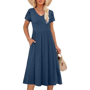 image:imageANRABESS Womens Summer Short Sleeve Midi Dresses Casual Floral TShirt Dress V Neck ALine Flowy Beach Sundress with PocketsBlue