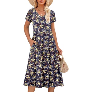 image:imageANRABESS Womens Summer Short Sleeve Midi Dresses Casual Floral TShirt Dress V Neck ALine Flowy Beach Sundress with PocketsPrint Yellow Leaf