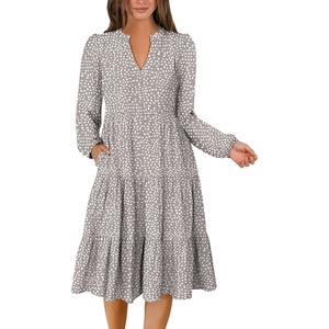 image:imageANRABESS Womens V Neck Long Sleeve Midi Dress  Swing Flowy Tiered with Pockets Soft Fabric Boho Beach Vacation Dresses Loose Fit Casual Fall Winter Transition ClothesKhaki Polka Dot