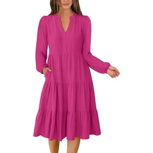 image:imageANRABESS Womens V Neck Long Sleeve Midi Dress  Swing Flowy Tiered with Pockets Soft Fabric Boho Beach Vacation Dresses Loose Fit Casual Fall Winter Transition ClothesHot Pink