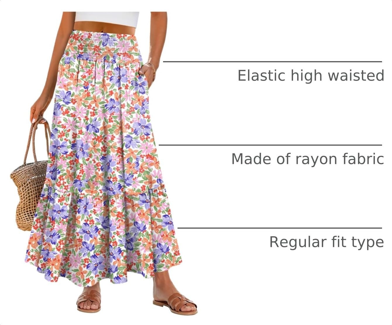 image:imageANRABESS Women Boho Floral Maxi Skirts High Waisted Tiered Skirt Flowy Beach Skirts with Pockets for Vacation amp Summer WearMulticolored Floral