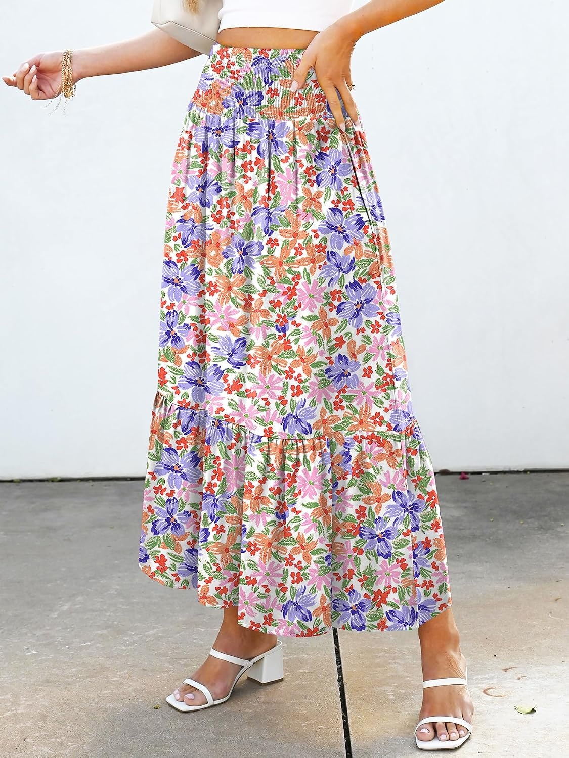 image:imageANRABESS Women Boho Floral Maxi Skirts High Waisted Tiered Skirt Flowy Beach Skirts with Pockets for Vacation amp Summer WearMulticolored Floral