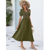 image:imageANRABESS Women Summer Casual Puff Short Sleeve Scoop Neck Smocked Button Up High Waist Flowy Vacation Midi Dresses amp PocketsArmy Green