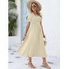 image:imageANRABESS Women Summer Casual Puff Short Sleeve Scoop Neck Smocked Button Up High Waist Flowy Vacation Midi Dresses amp PocketsBeige