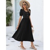 image:imageANRABESS Women Summer Casual Puff Short Sleeve Scoop Neck Smocked Button Up High Waist Flowy Vacation Midi Dresses amp PocketsBlack