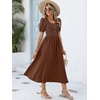image:imageANRABESS Women Summer Casual Puff Short Sleeve Scoop Neck Smocked Button Up High Waist Flowy Vacation Midi Dresses amp PocketsBrown
