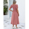 image:imageANRABESS Women Summer Casual Puff Short Sleeve Scoop Neck Smocked Button Up High Waist Flowy Vacation Midi Dresses amp PocketsDusty Rose