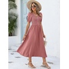 image:imageANRABESS Women Summer Casual Puff Short Sleeve Scoop Neck Smocked Button Up High Waist Flowy Vacation Midi Dresses amp PocketsDusty Rose