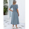 image:imageANRABESS Women Summer Casual Puff Short Sleeve Scoop Neck Smocked Button Up High Waist Flowy Vacation Midi Dresses amp PocketsGrey Blue