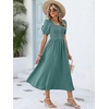 image:imageANRABESS Women Summer Casual Puff Short Sleeve Scoop Neck Smocked Button Up High Waist Flowy Vacation Midi Dresses amp PocketsLake
