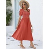 image:imageANRABESS Women Summer Casual Puff Short Sleeve Scoop Neck Smocked Button Up High Waist Flowy Vacation Midi Dresses amp PocketsOrange Red