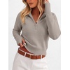 image:imageANRABESS Womens Long Sleeve Quarter Zip Cropped Sweater  V Neck Collared Thumb Holes Soft Ribbed Knit Pullover Top with Leggings Work Business CasualTravelFall Spring TransitionGrey Khaki