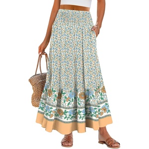 image:imageANRABESS Women Boho Floral Maxi Skirts High Waisted Tiered Skirt Flowy Beach Skirts with Pockets for Vacation amp Summer WearBlue Floral