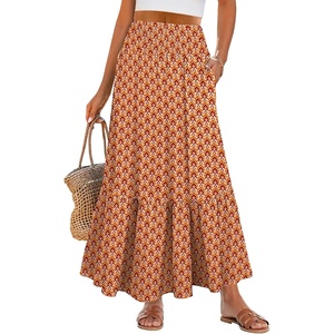 image:imageANRABESS Women Boho Floral Maxi Skirts High Waisted Tiered Skirt Flowy Beach Skirts with Pockets for Vacation amp Summer WearOrange