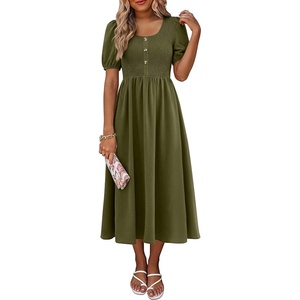 image:imageANRABESS Women Summer Casual Puff Short Sleeve Scoop Neck Smocked Button Up High Waist Flowy Vacation Midi Dresses amp PocketsArmy Green