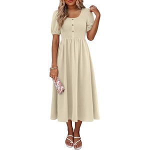 image:imageANRABESS Women Summer Casual Puff Short Sleeve Scoop Neck Smocked Button Up High Waist Flowy Vacation Midi Dresses amp PocketsBeige