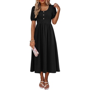image:imageANRABESS Women Summer Casual Puff Short Sleeve Scoop Neck Smocked Button Up High Waist Flowy Vacation Midi Dresses amp PocketsBlack