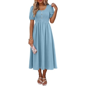 image:imageANRABESS Women Summer Casual Puff Short Sleeve Scoop Neck Smocked Button Up High Waist Flowy Vacation Midi Dresses amp PocketsBright Blue