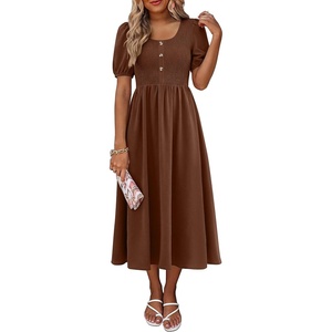 image:imageANRABESS Women Summer Casual Puff Short Sleeve Scoop Neck Smocked Button Up High Waist Flowy Vacation Midi Dresses amp PocketsBrown
