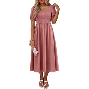 image:imageANRABESS Women Summer Casual Puff Short Sleeve Scoop Neck Smocked Button Up High Waist Flowy Vacation Midi Dresses amp PocketsDusty Rose