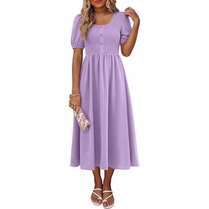image:imageANRABESS Women Summer Casual Puff Short Sleeve Scoop Neck Smocked Button Up High Waist Flowy Vacation Midi Dresses amp PocketsLight Purple