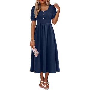 image:imageANRABESS Women Summer Casual Puff Short Sleeve Scoop Neck Smocked Button Up High Waist Flowy Vacation Midi Dresses amp PocketsNavy Blue