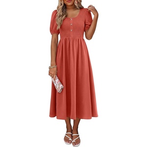 image:imageANRABESS Women Summer Casual Puff Short Sleeve Scoop Neck Smocked Button Up High Waist Flowy Vacation Midi Dresses amp PocketsOrange Red
