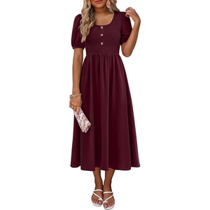 image:imageANRABESS Women Summer Casual Puff Short Sleeve Scoop Neck Smocked Button Up High Waist Flowy Vacation Midi Dresses amp PocketsWine Red