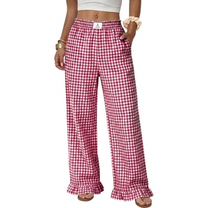 image:imageANRABESS Womens Gingham Ruffle Hem Palazzo Pants  Wide Leg Elastic Waisted With Pockets Vacation Lounge Pajama Plaid Trouser Cute Casual All Seasons WearRed White Plaid