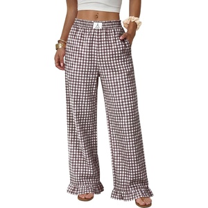 image:imageANRABESS Womens Gingham Ruffle Hem Palazzo Pants  Wide Leg Elastic Waisted With Pockets Vacation Lounge Pajama Plaid Trouser Cute Casual All Seasons WearBrown White Plaid