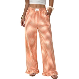image:imageANRABESS Womens Gingham Ruffle Hem Palazzo Pants  Wide Leg Elastic Waisted With Pockets Vacation Lounge Pajama Plaid Trouser Cute Casual All Seasons WearOrange White Plaid