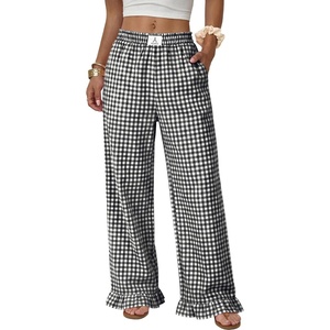 image:imageANRABESS Womens Gingham Ruffle Hem Palazzo Pants  Wide Leg Elastic Waisted With Pockets Vacation Lounge Pajama Plaid Trouser Cute Casual All Seasons WearBlack White Plaid