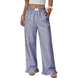 image:imageANRABESS Womens Gingham Ruffle Hem Palazzo Pants  Wide Leg Elastic Waisted With Pockets Vacation Lounge Pajama Plaid Trouser Cute Casual All Seasons WearBlue White Plaid