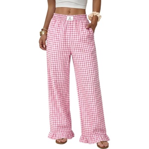 image:imageANRABESS Womens Gingham Ruffle Hem Palazzo Pants  Wide Leg Elastic Waisted With Pockets Vacation Lounge Pajama Plaid Trouser Cute Casual All Seasons WearPink White Plaid