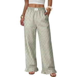 image:imageANRABESS Womens Gingham Ruffle Hem Palazzo Pants  Wide Leg Elastic Waisted With Pockets Vacation Lounge Pajama Plaid Trouser Cute Casual All Seasons WearArmy Green White Plaid