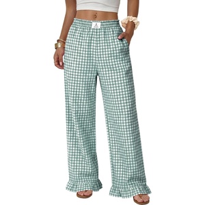 image:imageANRABESS Womens Gingham Ruffle Hem Palazzo Pants  Wide Leg Elastic Waisted With Pockets Vacation Lounge Pajama Plaid Trouser Cute Casual All Seasons WearGreen White Plaid