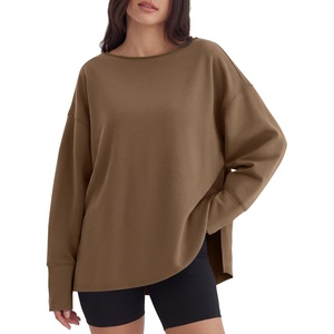 image:imageANRABESS Womens Oversized Sweatshirt Side Slit Pullover  Boat Neck Long Sleeve Soft Cozy lightweight Fabric Lounge Travel Daily Wear Trendy Y2K Style Fall Winter Spring OutfitsCamel